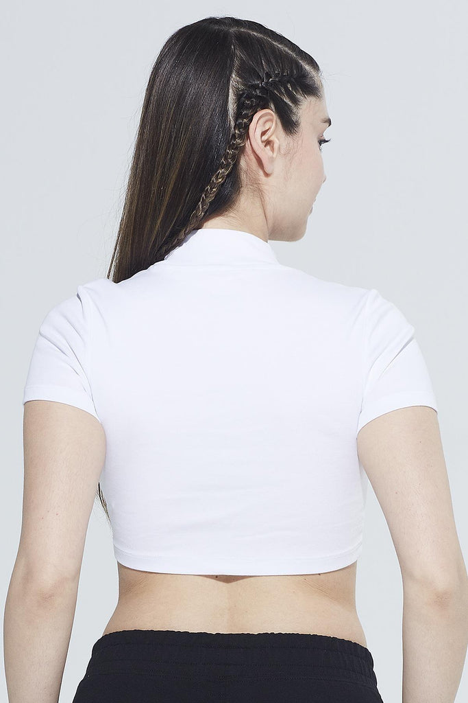 Organik Pamuk Crop T-Shirt, Dik Yaka Ribanalı - Laura