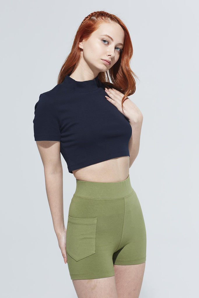 Organik Pamuk Crop T-Shirt, Dik Yaka Ribanalı - Laura